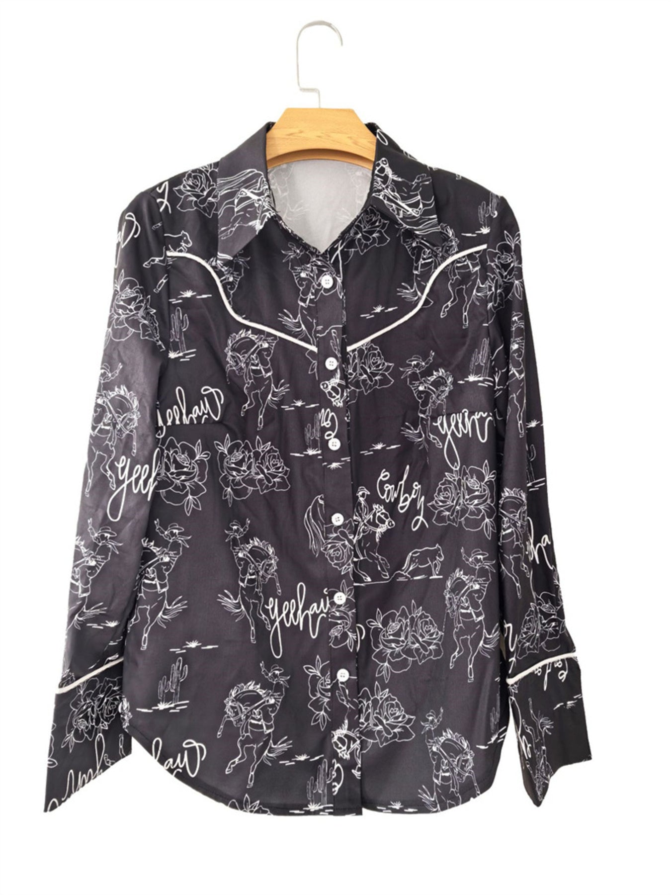 Black button-up maternity shirt with rodeo print, roses, cacti, and cowboy graphics.