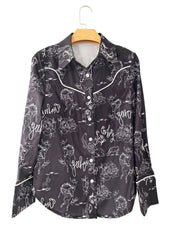 Black button-up maternity shirt with rodeo print, roses, cacti, and cowboy graphics.