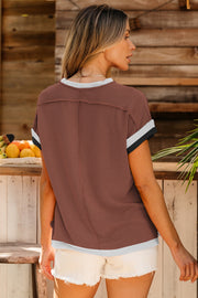 Brown ribbed tee with colorblock trim on sleeves and hem.