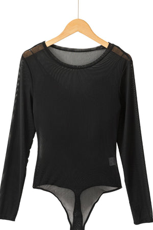 Black sheer mesh long sleeve bodysuit with a round neckline.