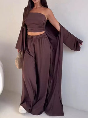 Strapless Ruched Crop Top & Wide-leg Pants Set in Black, front view