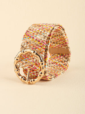 Multicolor woven raffia belt with a gold bamboo-style buckle.