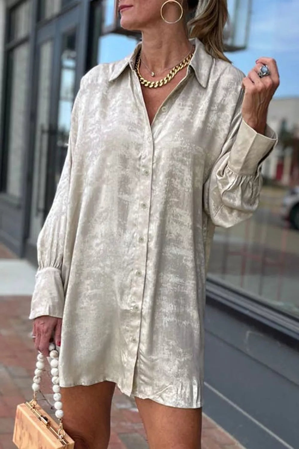 Solid Pattern Mini Long Sleeve Shift Dress in Beige, front view