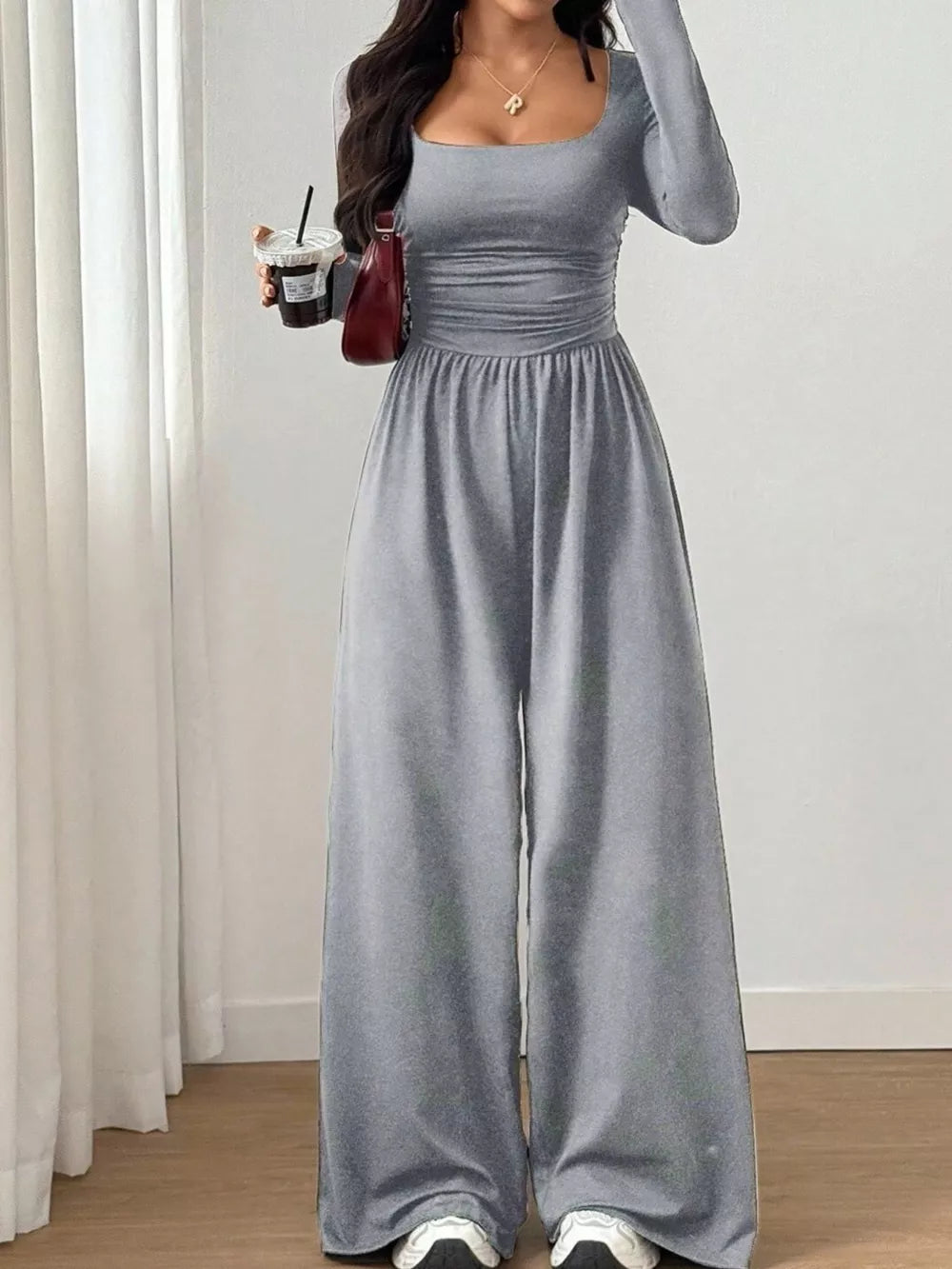 Ruched Square Neck Wide-leg Jumpsuit in Brown, fit detail