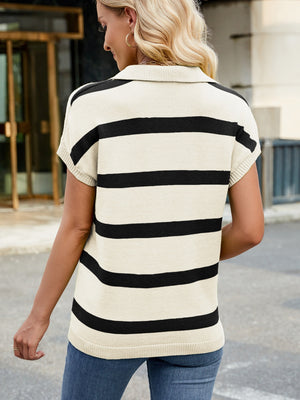 Polo stripe knit top in beige with black stripes, cap sleeves, and a collar.