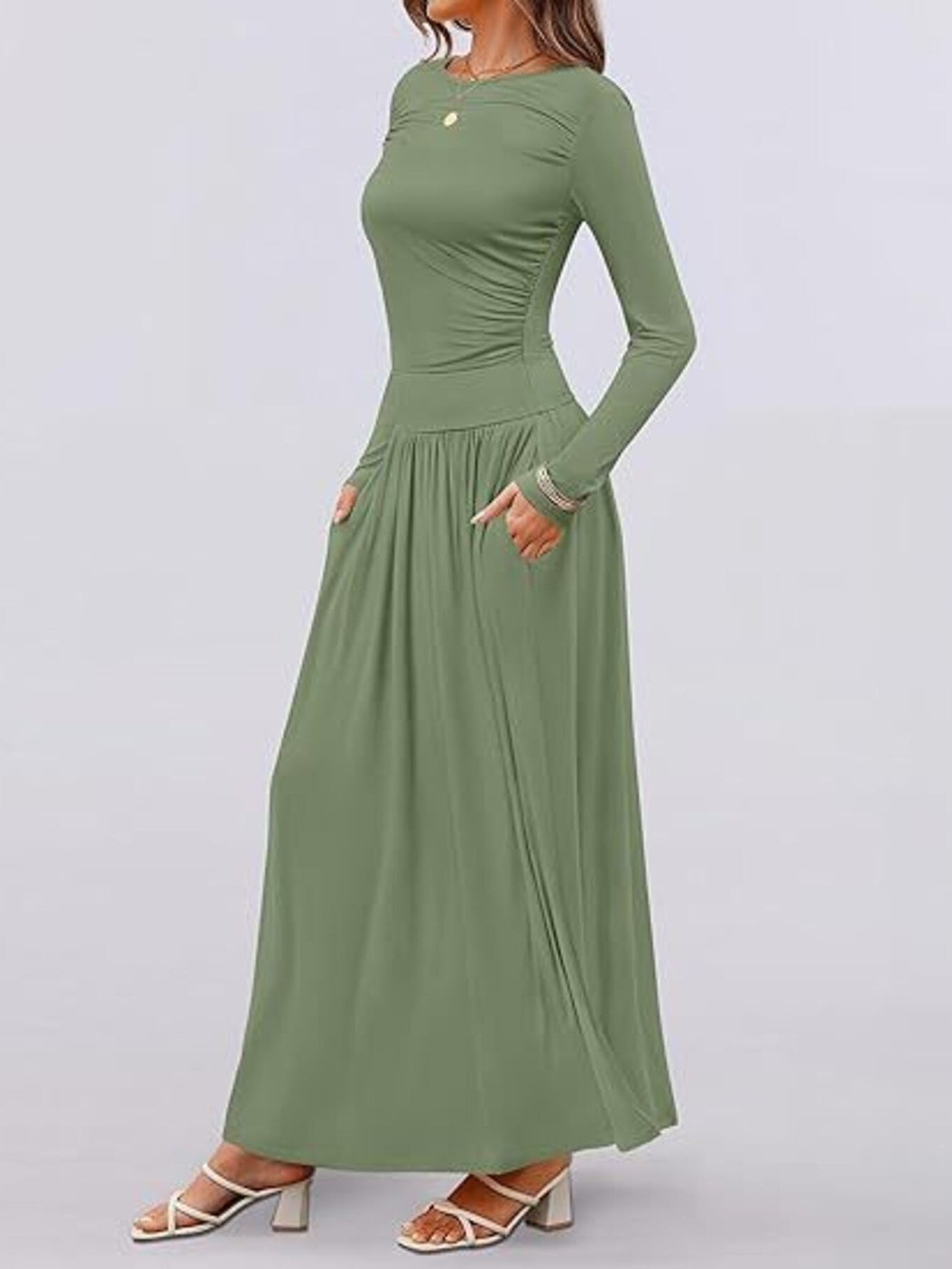 Green ruched long sleeve maxi dress with pockets