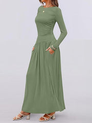 Green ruched long sleeve maxi dress with pockets