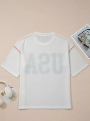 White ribbed maternity t-shirt with USA graphic and contrast stitching