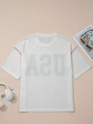 White ribbed maternity t-shirt with USA graphic and contrast stitching