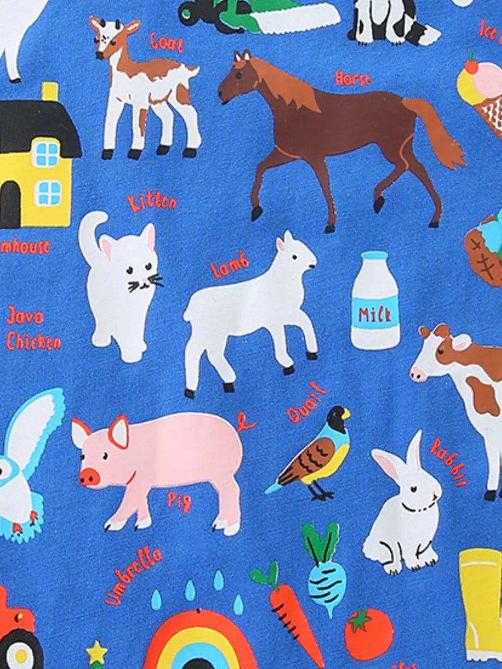 Blue t-shirt with playful farm animal alphabet graphic, featuring a pig, rabbit, and cow.