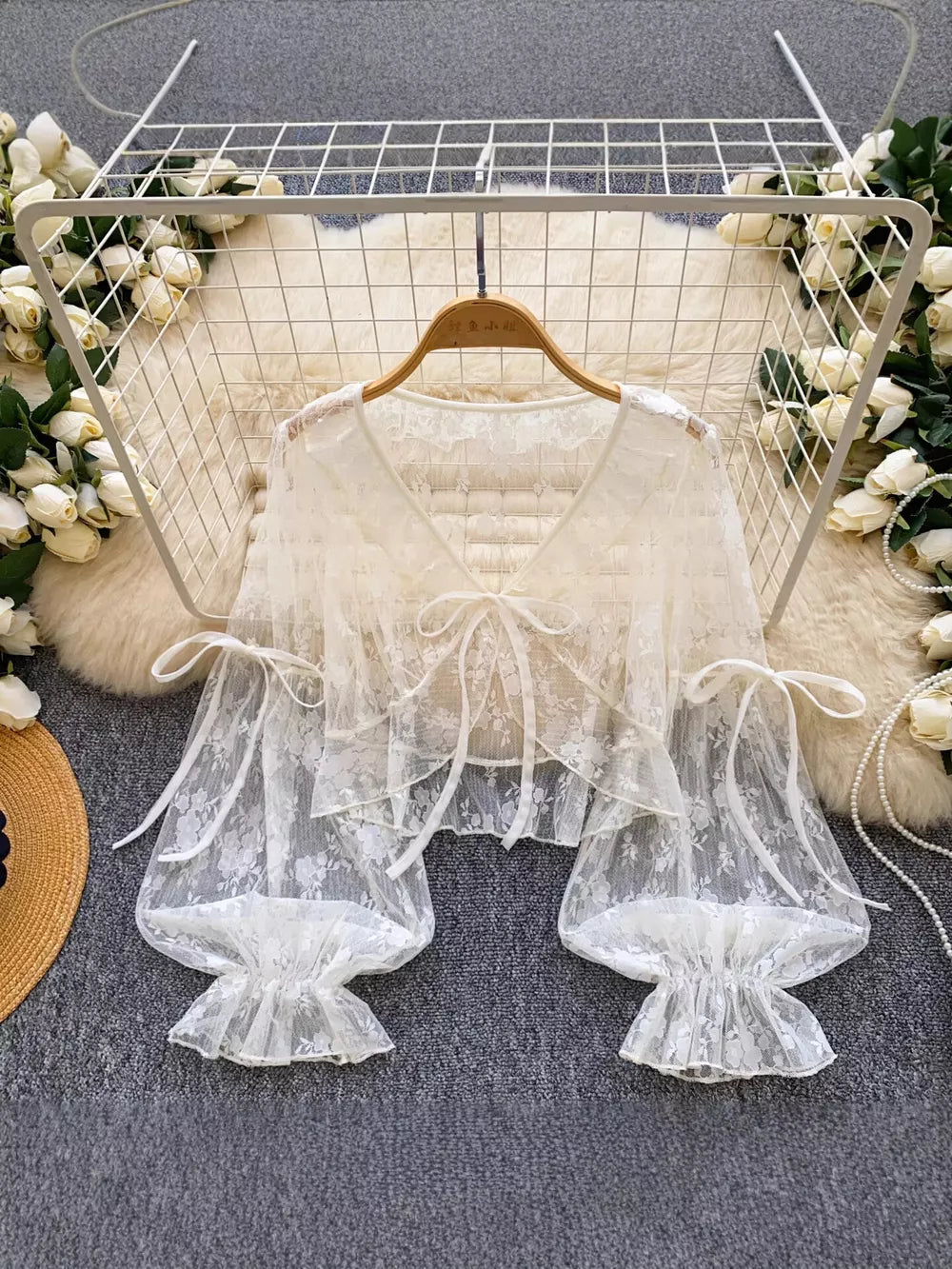 Sheer Lace Tie Front Flounce Sleeve Top in White, close-up detail