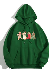 Green hoodie with gingerbread man, snowman, gift, and Christmas tree cookie graphic.
