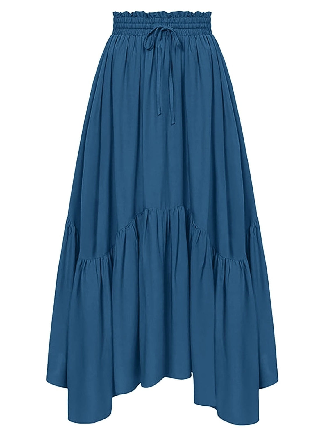 Deep Teal tiered midi skirt with asymmetrical hemline and drawstring waist.