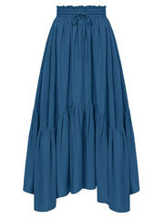 Deep Teal tiered midi skirt with asymmetrical hemline and drawstring waist.