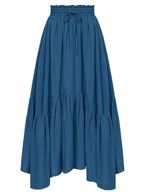 Deep Teal tiered midi skirt with asymmetrical hemline and drawstring waist.