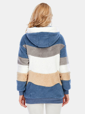 Teddy fleece hoodie with color block stripes in blue, grey, white, tan, and blue.