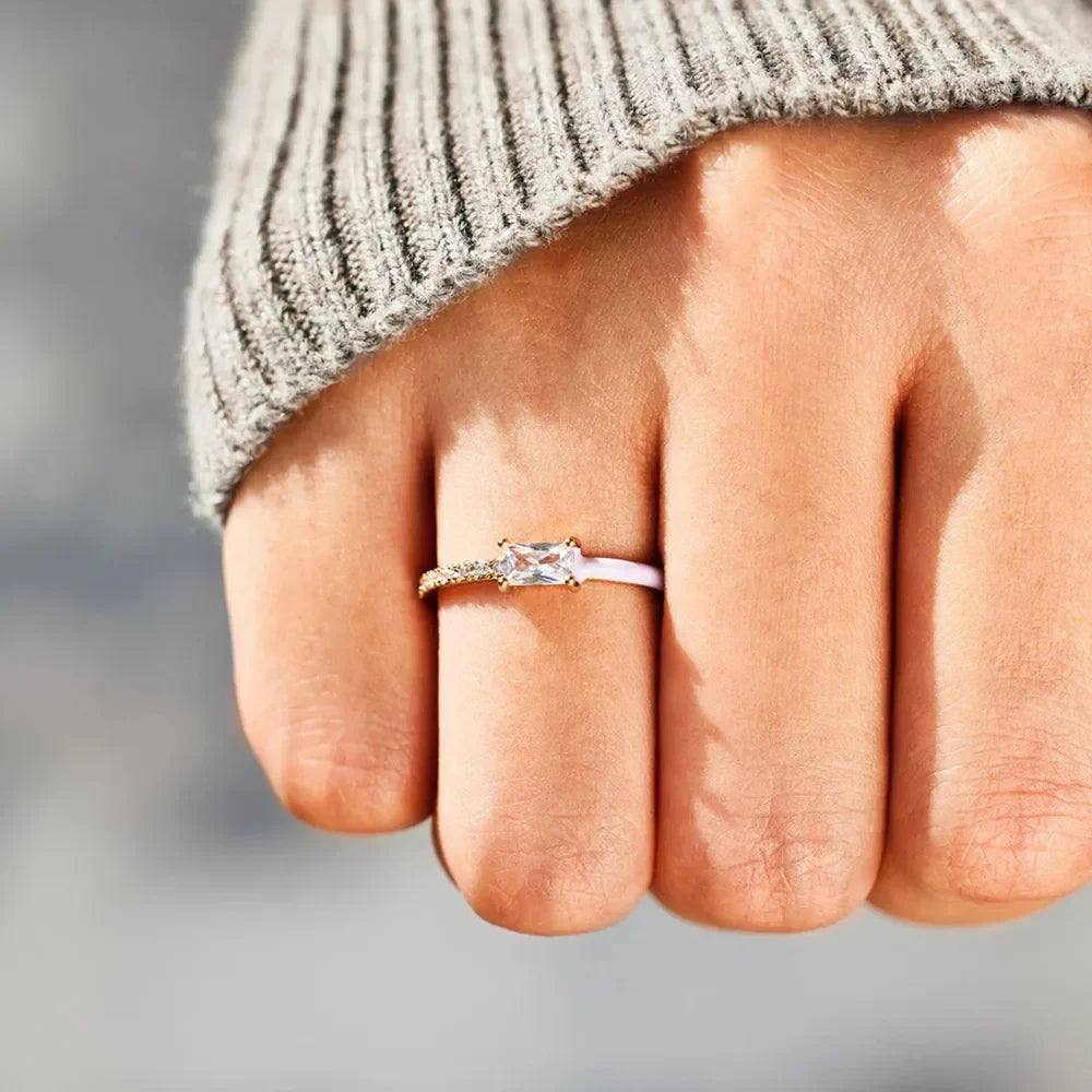 Enamel heart & pave band ring in light green with a rectangular crystal accent.