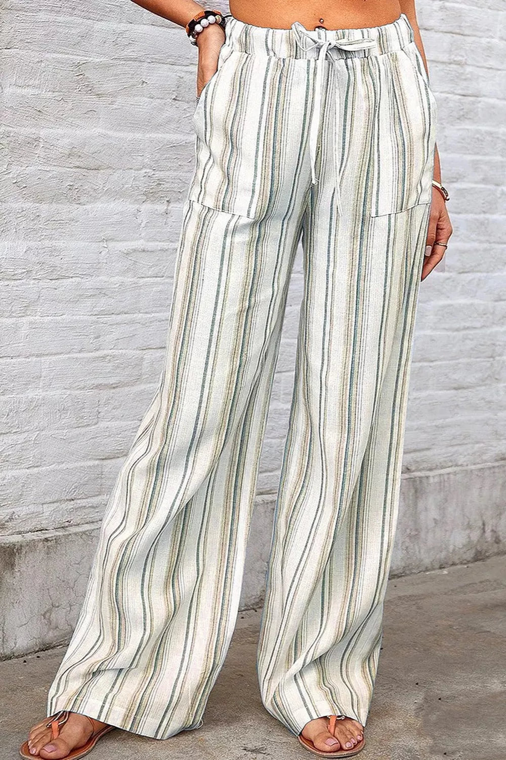 Full Size Striped Wide-leg Pants Plus Size in Dusty Pink, close-up detail