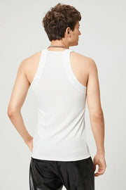 White ribbed tank top with square neckline and racerback detail.