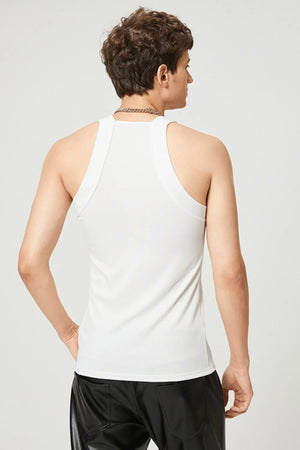 White ribbed tank top with square neckline and racerback detail.