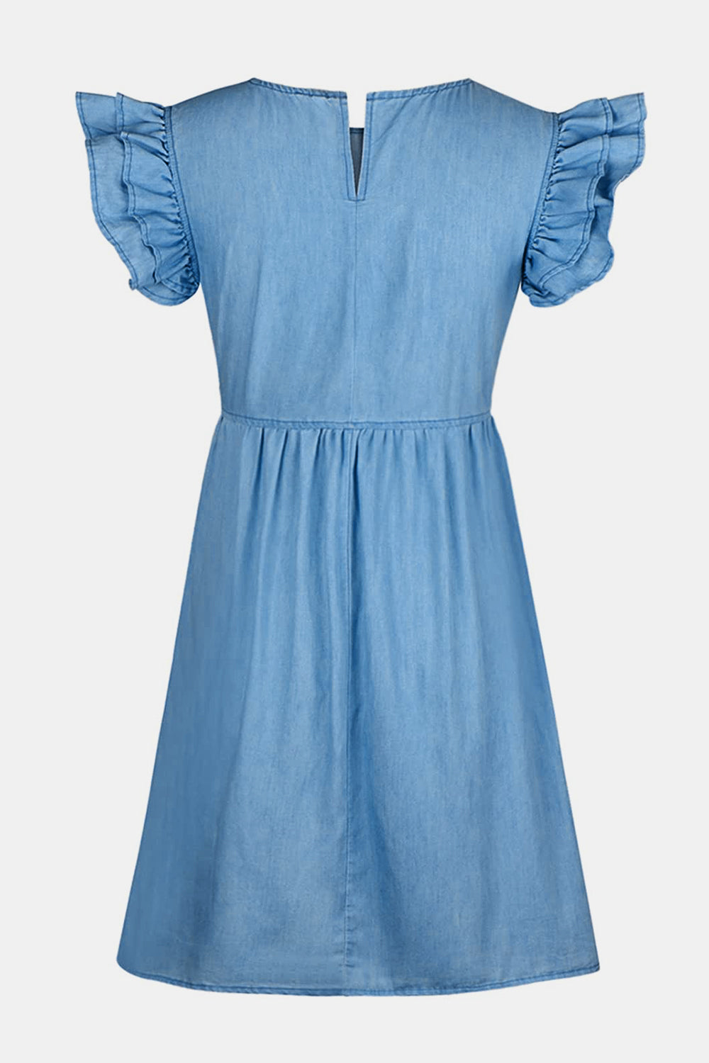 Light blue denim babydoll dress with ruffled short sleeves and a V-neck.
