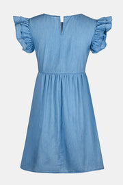 Light blue denim babydoll dress with ruffled short sleeves and a V-neck.