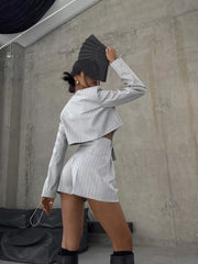 Pinstripe Cropped Blazer And Pleated Shorts Set in Light Gray, model styling view