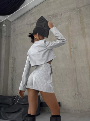 Pinstripe Cropped Blazer And Pleated Shorts Set in Light Gray, model styling view