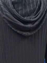 Black ribbed knit hoodie dress with a draped hood detail.