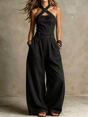 Wide-leg Crisscross Denim Jumpsuit Plus Size in Black, close-up detail
