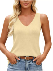 V-neck Ribbed Knit Tank Top in Navy, model styling view
