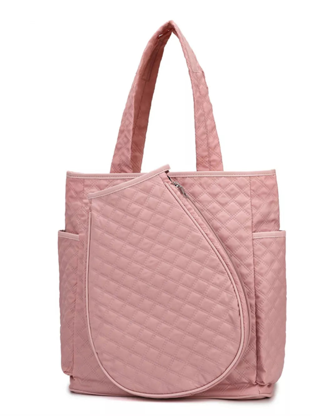Pink quilted sports racket backpack with diamond pattern and side pockets.