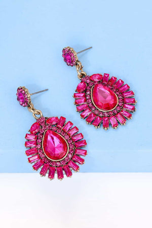 Hot Pink Gemstone Burst Dangle Earrings with gold accents and stud backs.