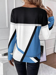 Geometric panel long sleeve t-shirt in sky blue, white, and black with chevron detail
