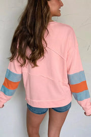 Colorblock Striped Patchwork Long Sleeve Blouse, model styling view