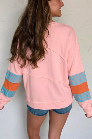 Colorblock Striped Patchwork Long Sleeve Blouse, model styling view