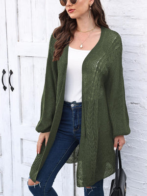 Army green cable knit cocoon cardigan with open front and long sleeves.