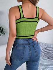 Green textured knit tank top with black contrast trim and square neckline.