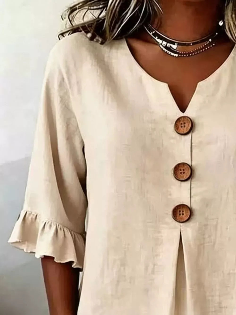Casual Ruffle-sleeve Decor-button Top Plus Size in Burgundy, editorial view