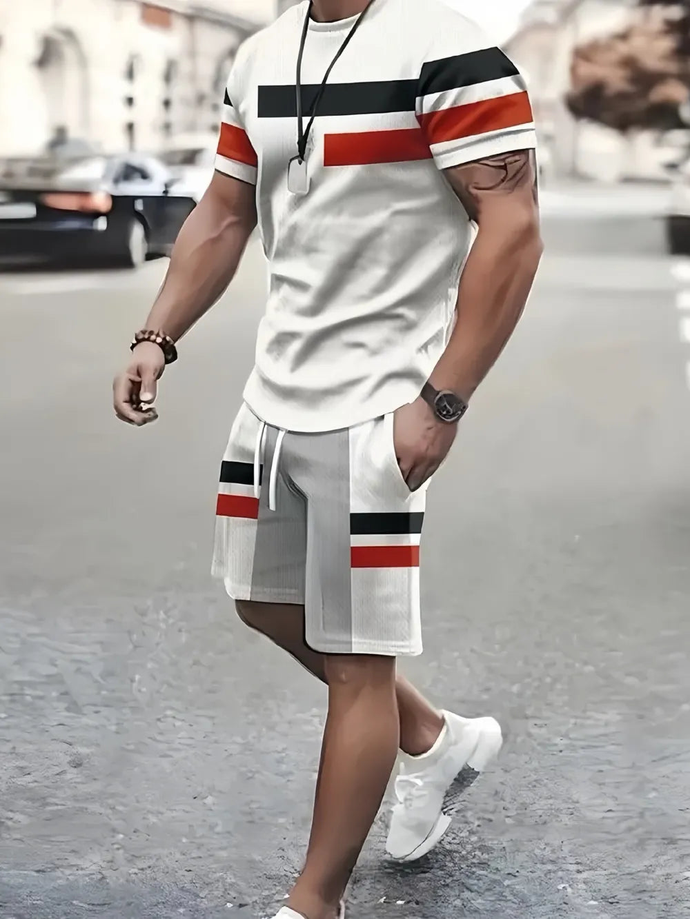 Men's Full Size Round Neck Tee And Shorts Set, front view