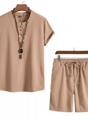 Khaki Mandarin collar casual set for men with drawstring shorts and button detail shirt.