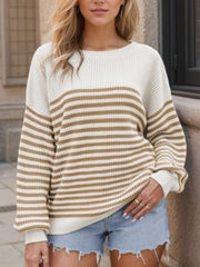 Horizontal stripe drop shoulder knit sweater in cream and coffee brown acrylic with crew neck.