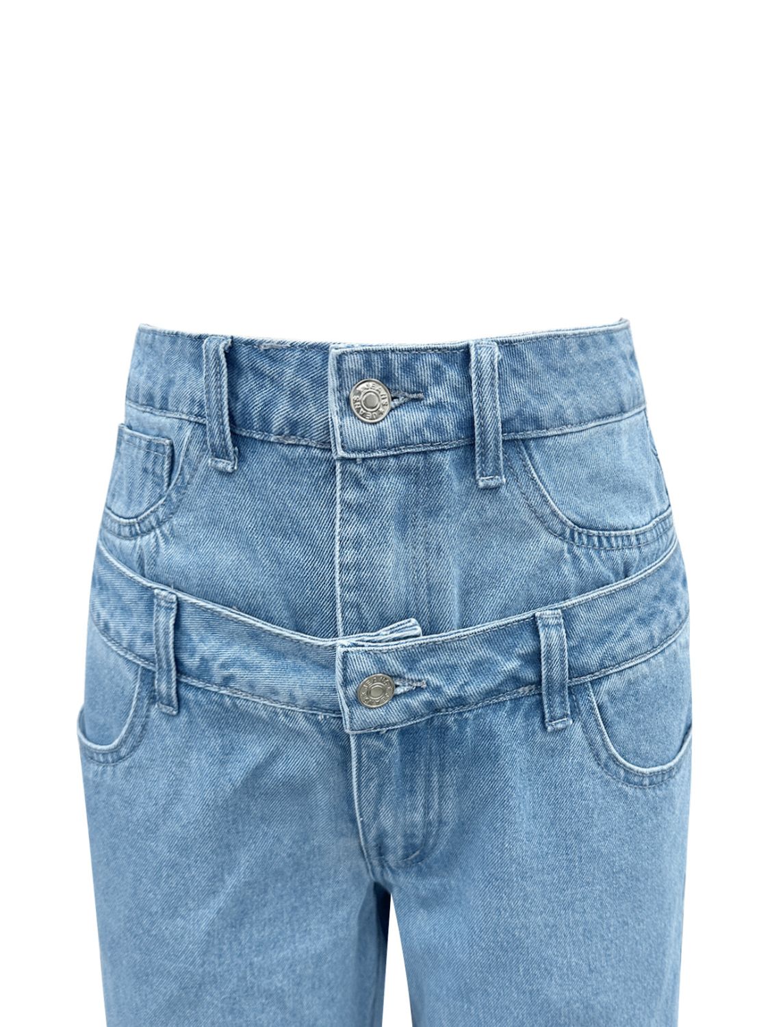 Double-waist wide-leg denim trousers in light wash with button fly and belt detail.