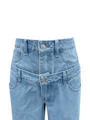 Double-waist wide-leg denim trousers in light wash with button fly and belt detail.