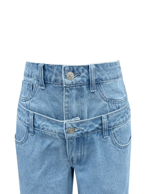 Double-waist wide-leg denim trousers in light wash with button fly and belt detail.
