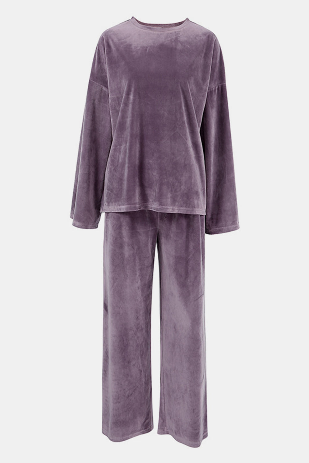 Mauve velvet loungewear set with wide sleeve top and wide leg pants