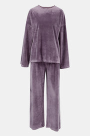 Mauve velvet loungewear set with wide sleeve top and wide leg pants