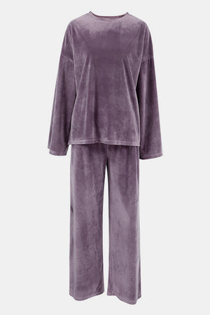 Mauve velvet loungewear set with wide sleeve top and wide leg pants