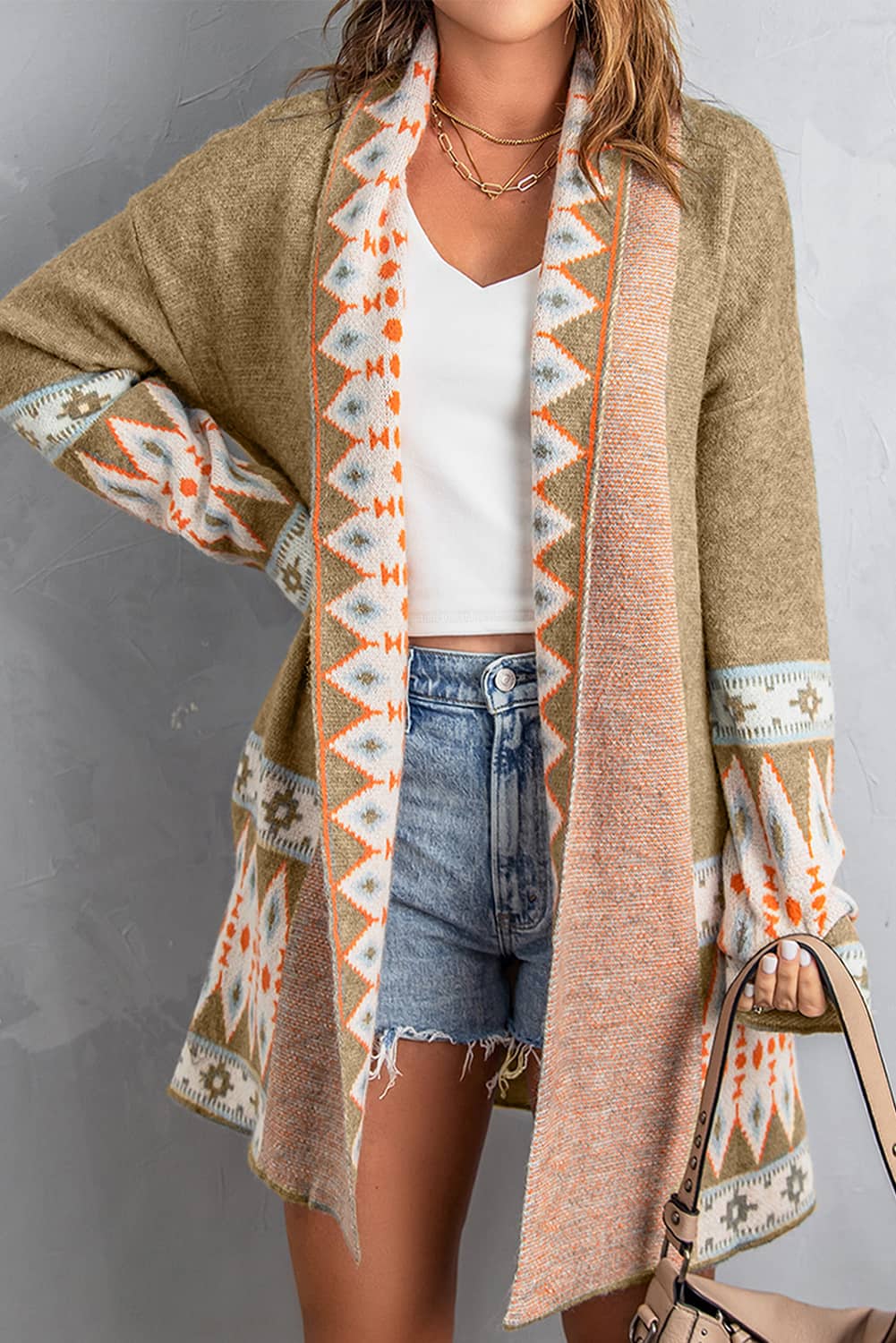 Khaki open-front knit cardigan with geometric trim on sleeves and lapels
