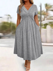Full Size Glitter Flutter Sleeve Midi Dress Plus Size in Silver Gray, close-up detail